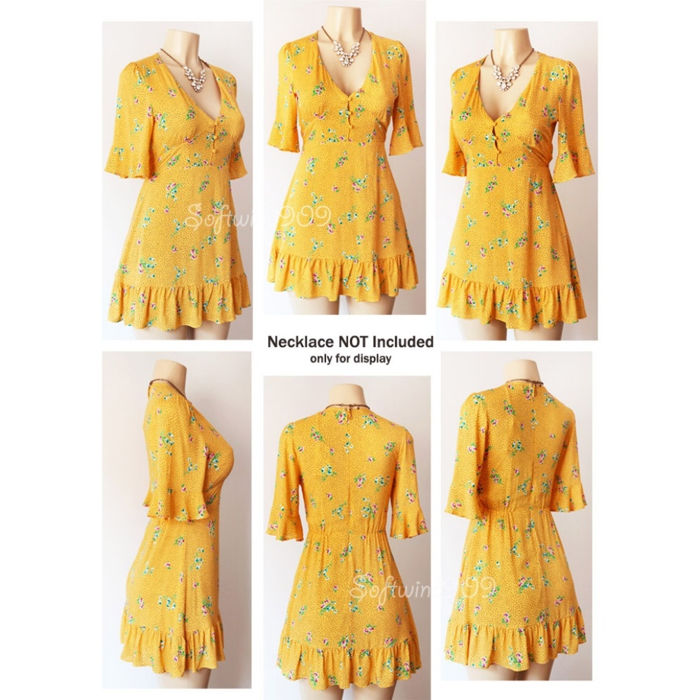 Last☝️Yellow Floral Button Front Ruffle Mini Dress - Picture 7 of 8